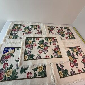 Vintage Stevens Linen Placemats Napkins Set 5, Floral Cottagecore Fringed USA